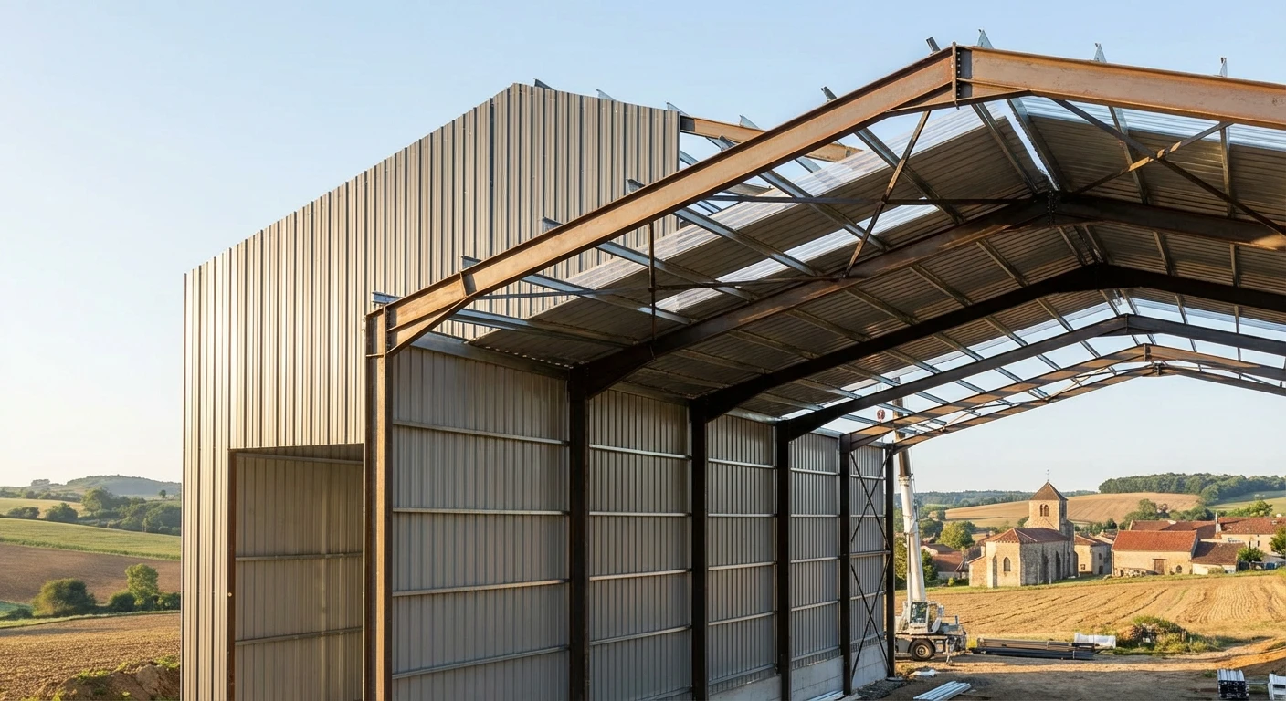 Photographie en extérieur d'un bâtiment agricole ou industriel avec charpente et structure métallique apparente visibles (poutres en acier, profilés métalliques, bardage métallique) en cours de montage ou finalisée. Le bâtiment peut montrer la toiture métallique et la structure d'acier distinctement visible. Ciel dégagé ou légèrement nuageux, environnement rural ou semi-urbain. Perspective montrant clairement les éléments de construction métallique et les proportions imposantes du bâtiment.