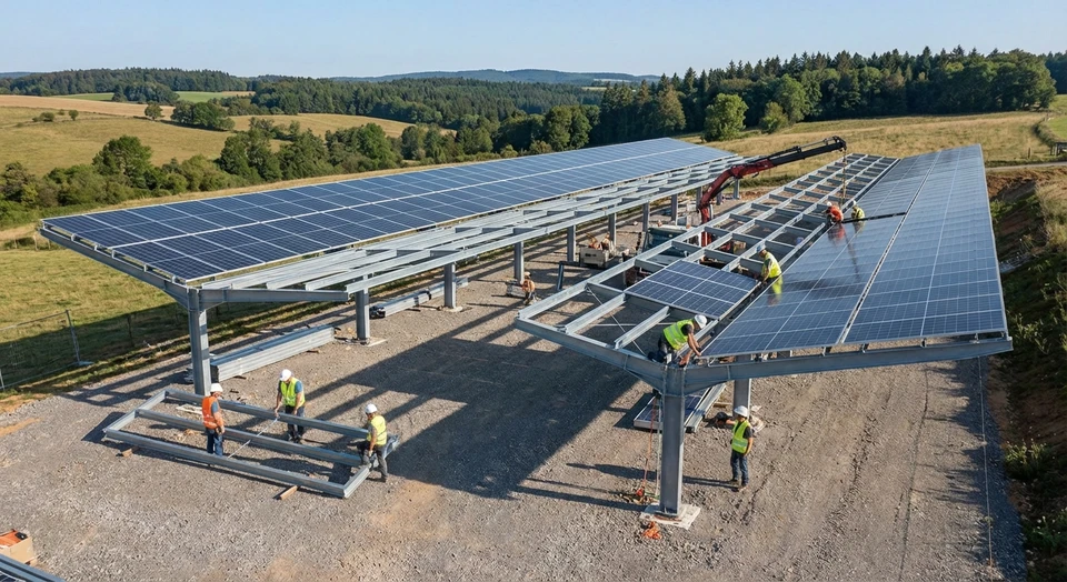Vue d'une grande ombrière photovoltaïque professionnelle en construction ou achevée, avec une structure métallique grise robuste supportant plusieurs rangées de panneaux solaires. L'installation doit être clairement de type industriel ou agricole (dimensions imposantes, emplacement dans une zone non résidentielle comme un terrain ou parking). Des ouvriers peuvent être visibles en train de finaliser l'installation ou d'inspecter la structure. La photo doit montrer clairement la expertise en construction métallique de BATI.FER : travail d'atelier visible, montage en cours, ou structure complètement assemblée. La qualité photographique doit être professionnelle, en lumière naturelle diurne.