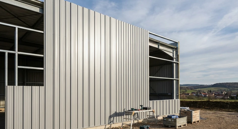 Vue détaillée d'une façade de bâtiment professionnel ou agricole en cours de finition avec bardage métallique en profilés rappelés ou tôle ondulée. Le bardage, en teinte gris clair ou métallisée, couvre partiellement la façade de la structure métallique apparente, démontrant le contraste entre la structure nue et la façade habillée. Quelques détails visibles : les fixations du bardage, les jeux de lumière sur les surfaces métalliques, un environnement de chantier professionnel avec outils ou équipements à proximité. La composition doit mettre en avant la qualité, la régularité et l'esthétique de la finition du bardage.