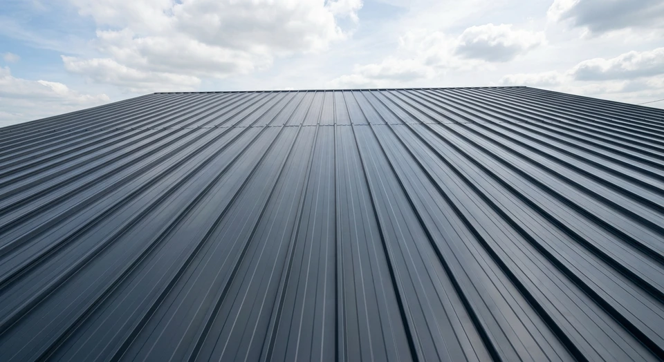 Photographie en contre-plongée d'une toiture en métal ou bac acier de couleur gris foncé ou rouge, récemment posée ou rénovée, avec une finition nette et homogène. La couverture doit être visiblement en excellent état, sans dégradation visible. Le ciel bleu clair ou partiellement nuageux doit être visible en arrière-plan. L'image doit transmettre une impression de solidité, de protection durable et de qualité professionnelle.
